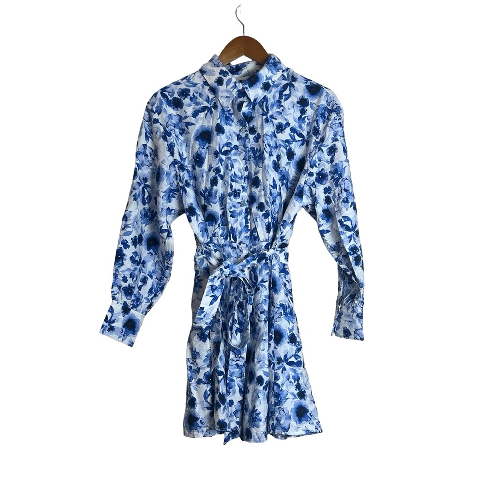 H&M Blue and White Floral Long Sleeve Shirt Dress